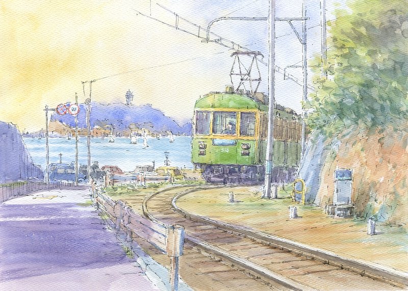 Made to order: Original watercolor painting: Enoshima Electric Railway - From Shichirigahama to Inamuragasaki - โปสเตอร์ - กระดาษ สีน้ำเงิน