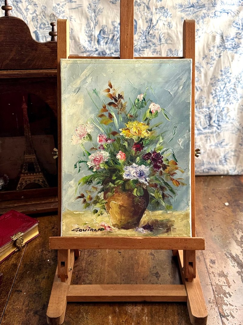 50280-迷人法國古董花卉油畫畫家落款 33x 24cm - 壁貼/牆壁裝飾 - 木頭 