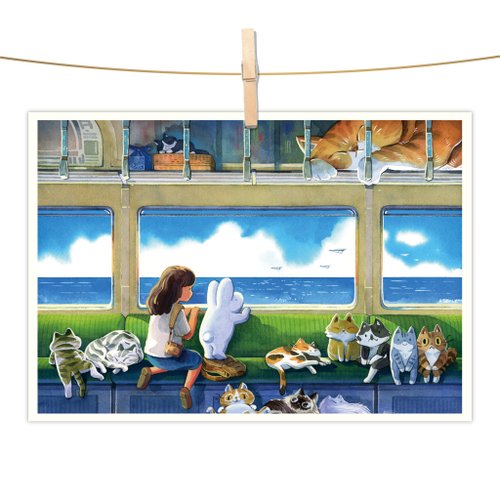 afu插畫日誌 afu水彩插畫明信片 - 藍海的列車