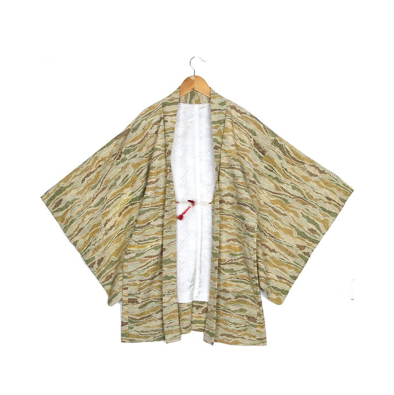 [ヴィンテージ]ナス青森山ヴィンテージ着物の羽織を印刷します - オーバーオール - ポリエステル グリーン