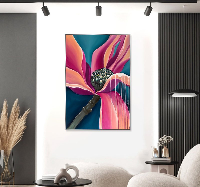 Floral Wall Art Bold Magenta Petals With Leal Undertones Blossom On Canvas - ตกแต่งผนัง - อะคริลิค หลากหลายสี