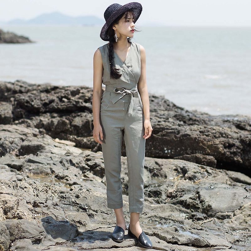 Annie Chen 2017 summer new lady pure color wide belt jumpsuit - จัมพ์สูท - ผ้าฝ้าย/ผ้าลินิน สีเขียว