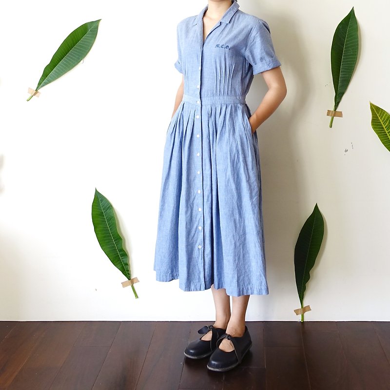 BajuTua / vintage / light blue cotton denim dress lapel - One Piece Dresses - Cotton & Hemp Blue