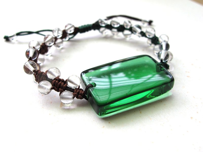 【綠彈珠】天然琉璃 x 白水晶 - 手創天然石系列 - 手鍊/手鐲 - 玻璃 綠色