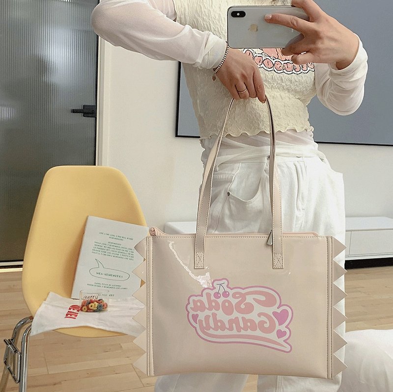 Candy sweetheart girly laptop bag large-capacity handbag mirror patent leather milk milk coffee - Handbags & Totes - Other Materials Khaki