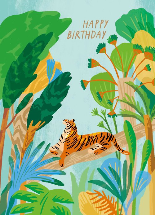 小島研究站 插畫明信片-親暱在雨林中心-老虎