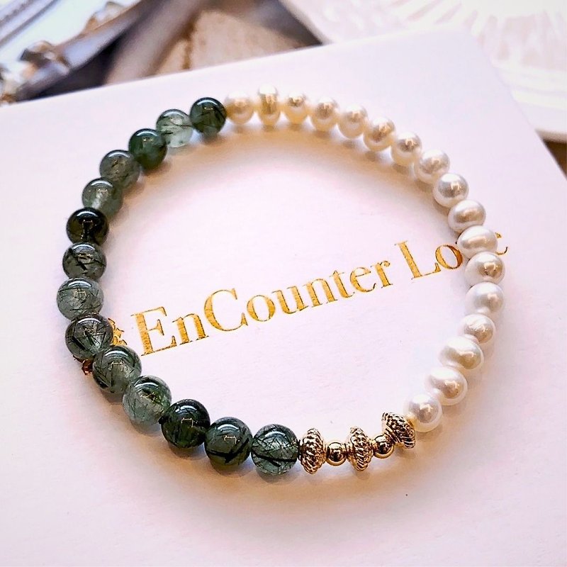 【Double Magic】Green hair crystal natural pearls attract wealth and prosperity, and can help noble people easily - สร้อยข้อมือ - คริสตัล สีเขียว