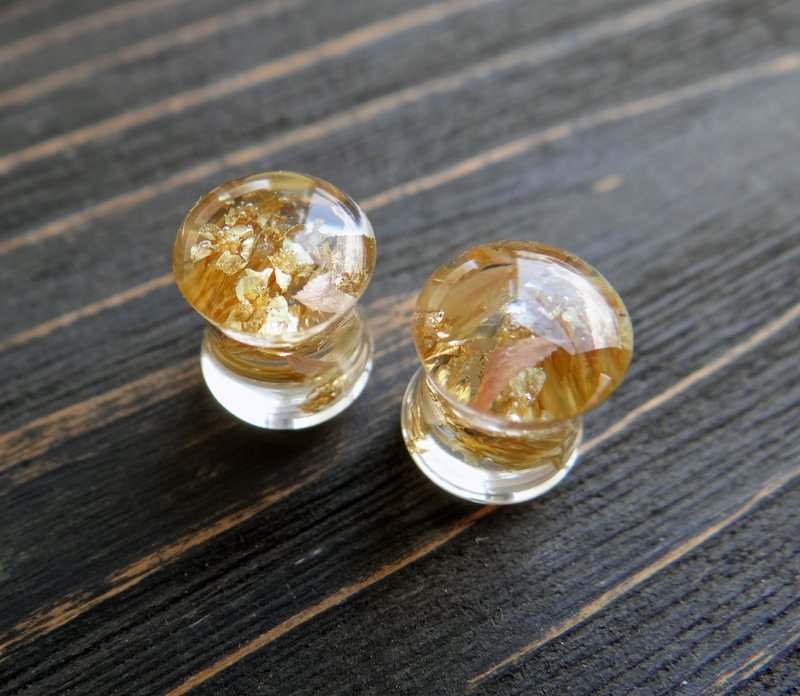 Yarrow plant plug earrings 2g 0g 00g 4g ear tunnels Floral Dried herbs - 耳環/耳夾/耳骨夾 - 植物．花 金色