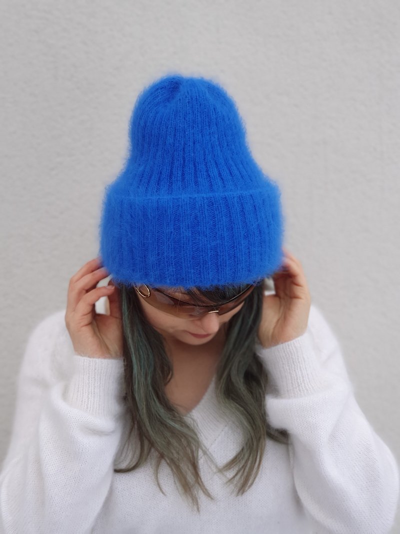 Angora blue hat. Knitted winter beanie hat