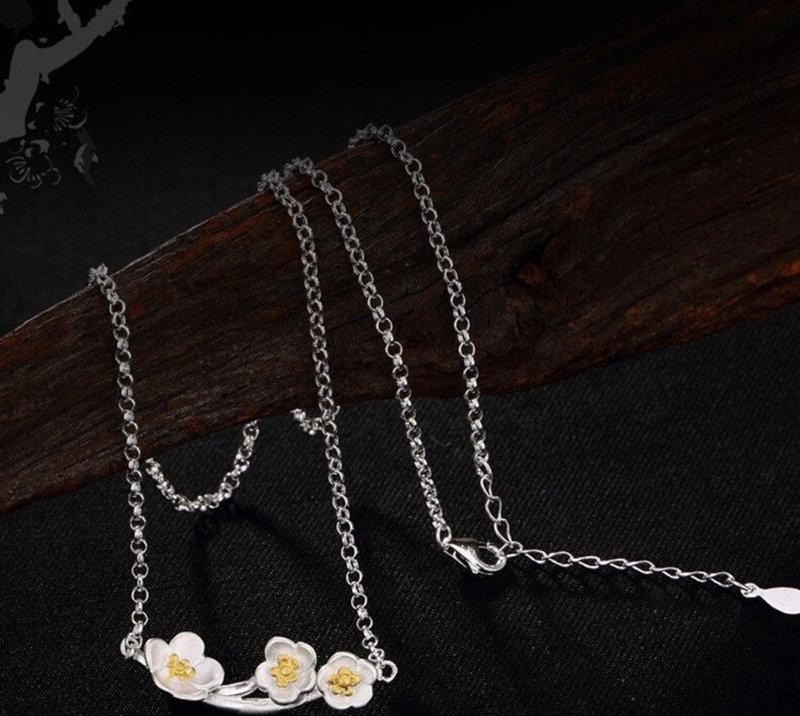 Real 925 Sterling Silver Handmade Women Plum Flowers Pendant Necklaces Ethnic - 長項鍊 - 純銀 銀色