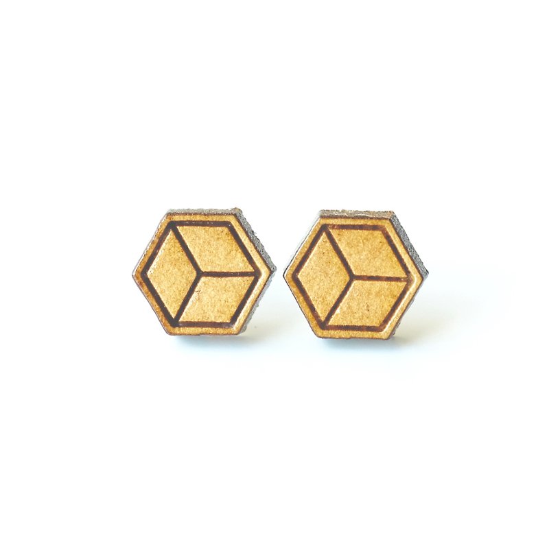 Plain wood earrings-Geometric cube - ต่างหู - ไม้ สีนำ้ตาล