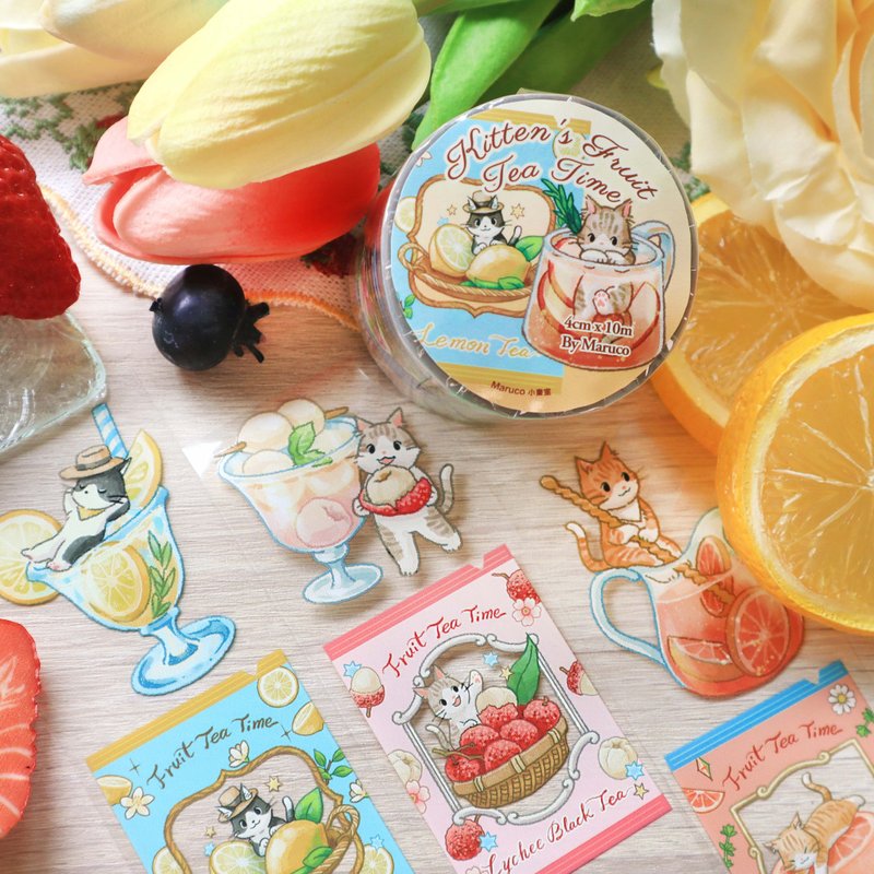 Kitten Fruit Tea - 4cm Glossy PET Tape - มาสกิ้งเทป - พลาสติก หลากหลายสี