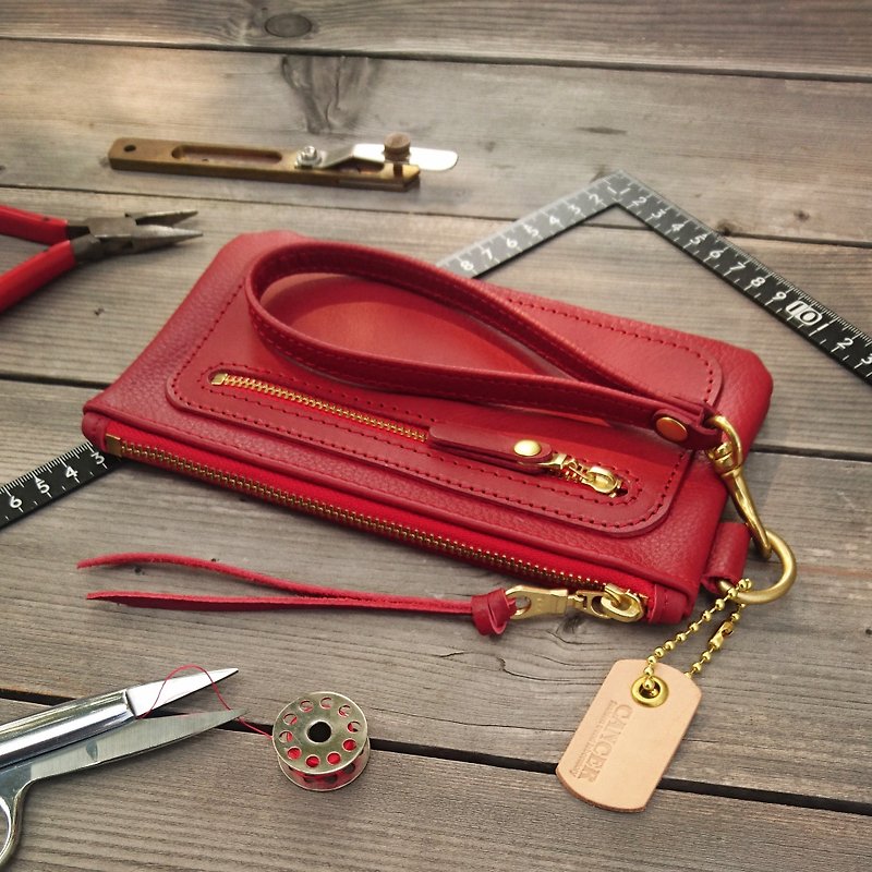 "CANCER popular laboratory" handbag / mobile phone bag / neck hanging leather bag (red) - Clutch Bags - Genuine Leather Red