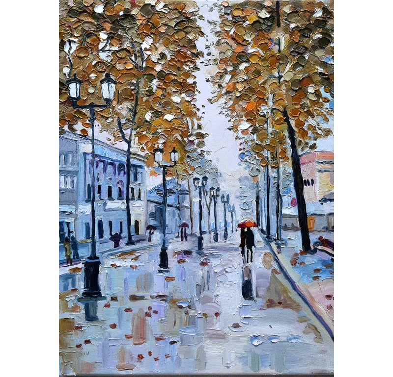 原創畫 Raining Art Painting City  Original Art  Oil On Canvas - ตกแต่งผนัง - วัสดุอื่นๆ สีเงิน