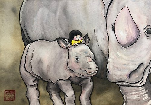 金魚公主 犀牛寶寶與金魚公主 / 水彩裱框原畫