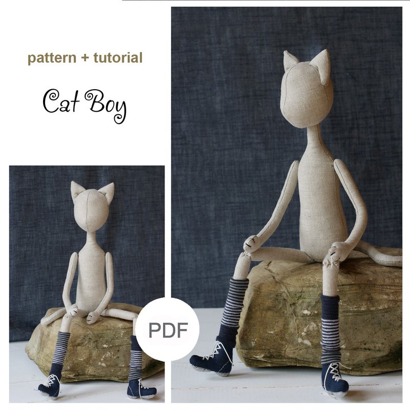 Doll male cat PDF pattern & doll making tutorial, how to sew cat toy - 手工藝教學/工具書 - 其他材質 