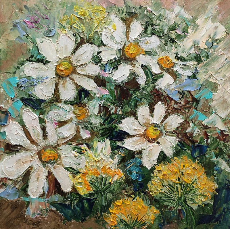 Daisies Bouquet Original Oil Painting Flower Wall Art Floral Impasto 手工油畫 油畫原 - Posters - Other Materials Multicolor