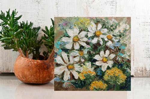 ヒナギクの花束オリジナル油絵花の壁アート花の厚塗り手工油スケッチ油絵原 - ショップ ColoredCatsArt ポスター・絵 - Pinkoi