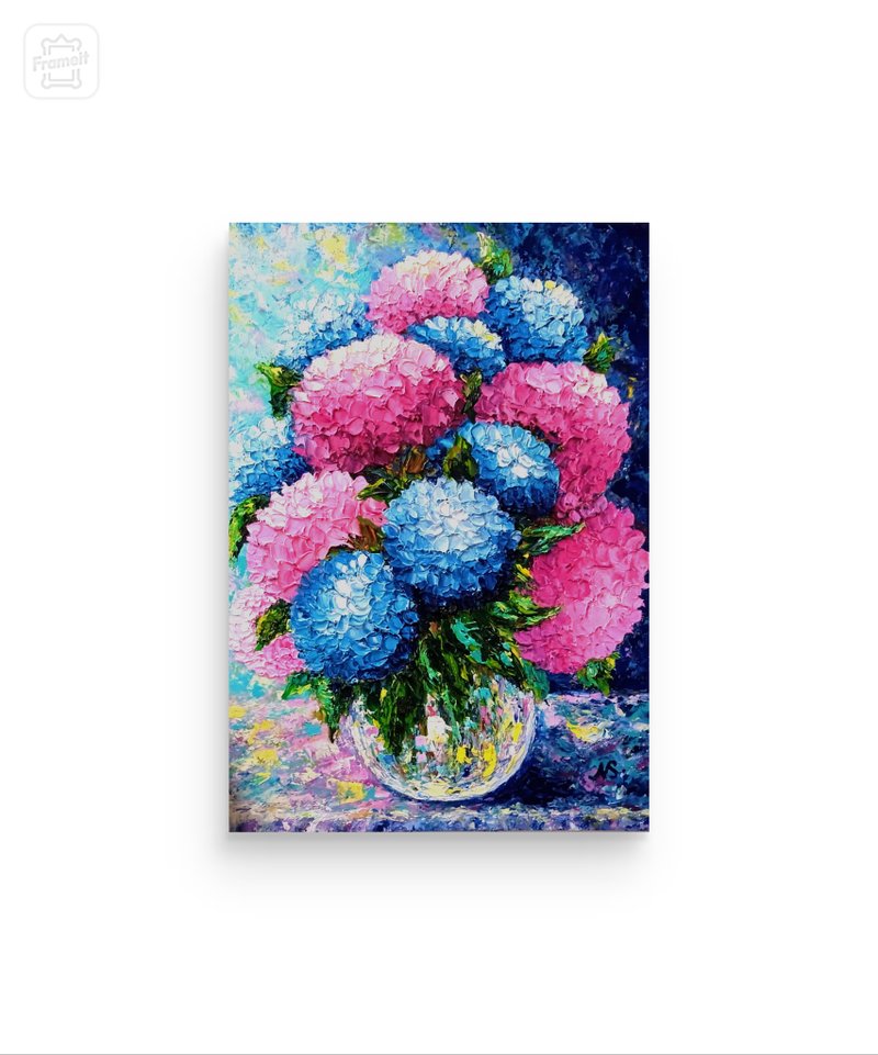 Hydrangeas Bouquet Oil Painting Pink Blue Hydrangea Flower Art Floral Wall Art - ตกแต่งผนัง - โลหะ หลากหลายสี