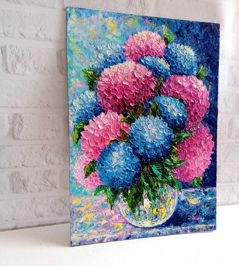 Hydrangeas Bouquet Oil Painting Pink Blue Hydrangea Flower Art Floral Wall Art - 壁貼/牆壁裝飾 - 其他金屬 多色