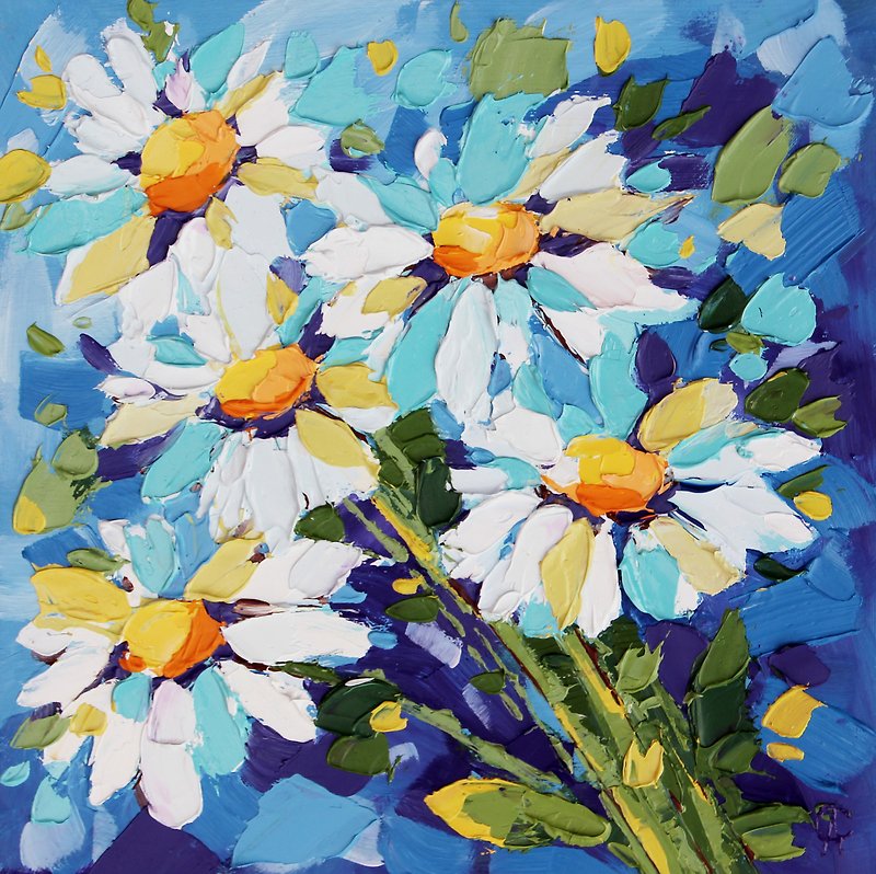 Daisy Painting Floral Original Art Impasto Artwork Rustic Decor - โปสเตอร์ - วัสดุอื่นๆ สีน้ำเงิน