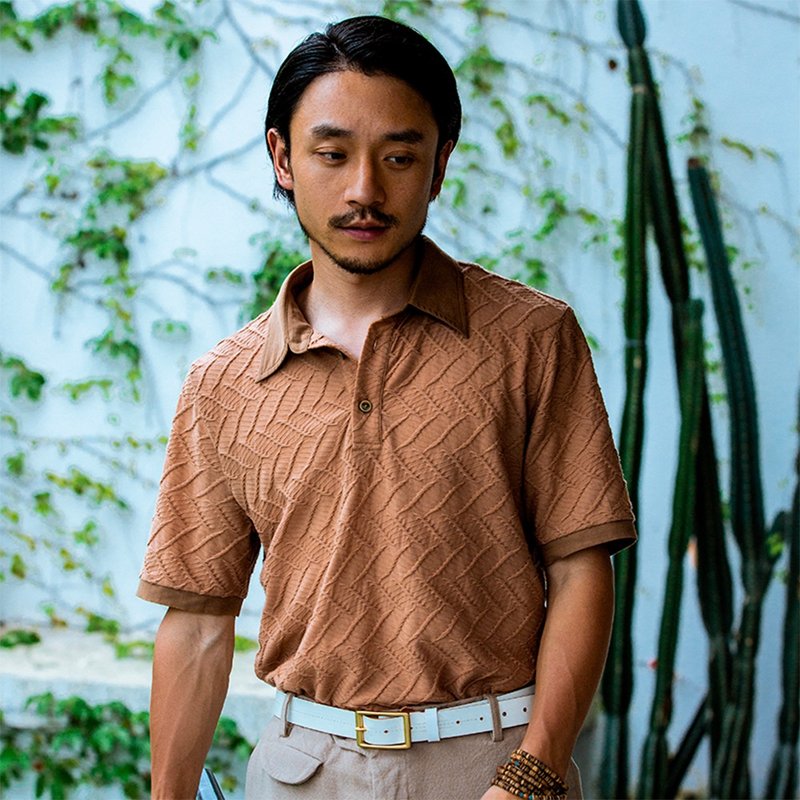 聚酯纖維 男 T 恤 卡其色 - SOARIN英倫復古針織立體幾何紋休閒POLO衫 - 卡其色 ( 222P606 )