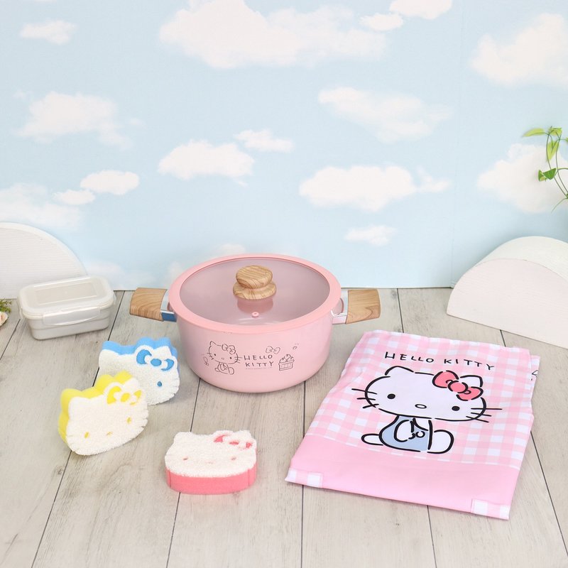 【HELLO KITTY】粉萌鍋具組-24cm雙耳湯鍋+專屬圍裙+專用菜瓜布 - 鍋子/烤盤 - 鋁合金 粉紅色