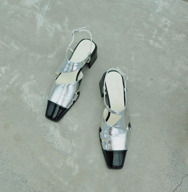 Galaxy Ripple Asymmetric Block Heel Sandals - Women's Leather Shoes - Genuine Leather Silver