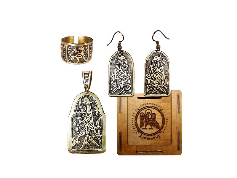 Kyiv Bird's Brass Earrings, Pendant and Brooch Ornament - A Jewelry Gift Wrap - 耳環/耳夾 - 銅/黃銅 橘色