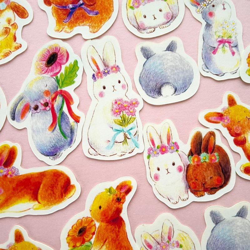 Flower Rabbit Flake Sticker (with postcard) - สติกเกอร์ - กระดาษ สึชมพู