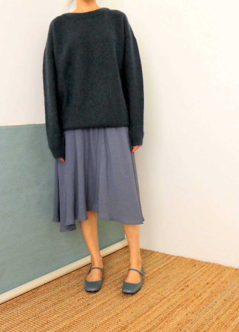 Baikal Skirt -深藍灰A字棉質膝下傘裙 - 裙子/長裙 - 棉．麻 