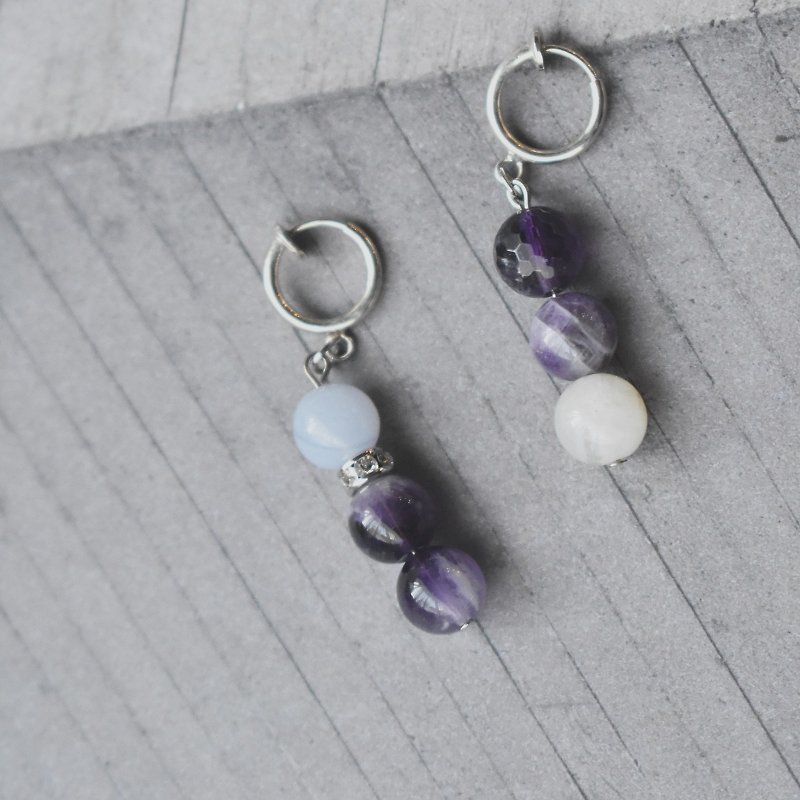 Handmade Earrings - Purple Phantom (handmade earrings / A grade blue agate / amethyst / ear clip) - ต่างหู - เครื่องเพชรพลอย สีม่วง