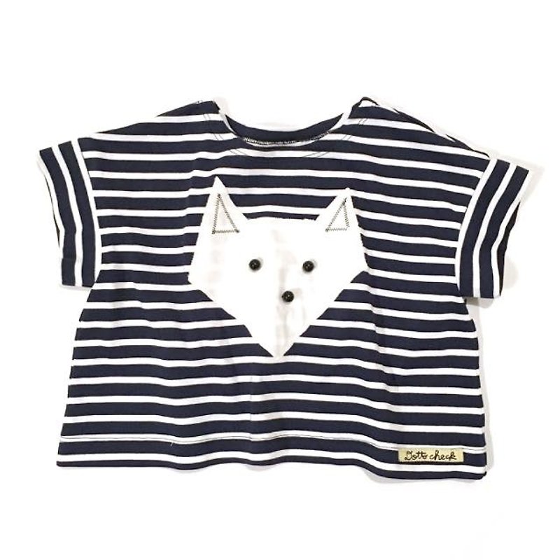 Horizontal stripe T-shirt origami design white cat - Other - Cotton & Hemp Blue