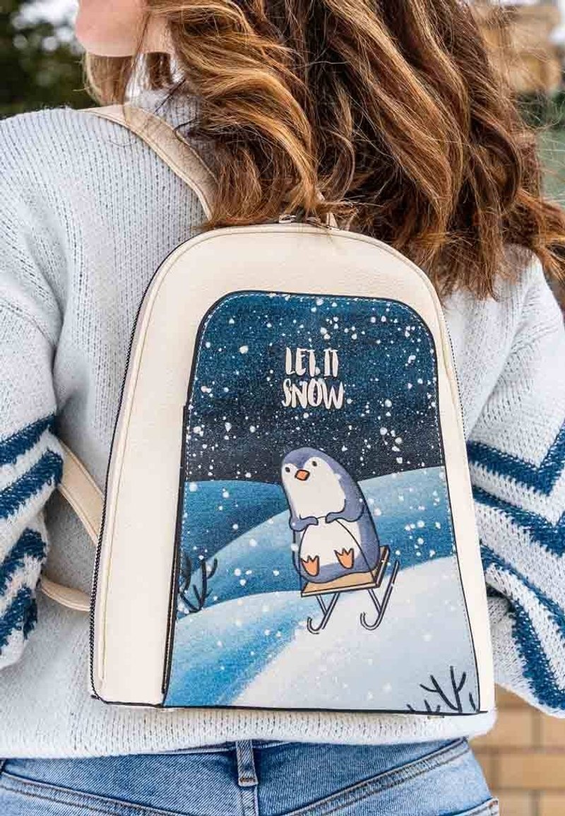 White Backpack - Let it Snow Chrsitmas Penguin - กระเป๋าเป้สะพายหลัง - ไฟเบอร์อื่นๆ หลากหลายสี