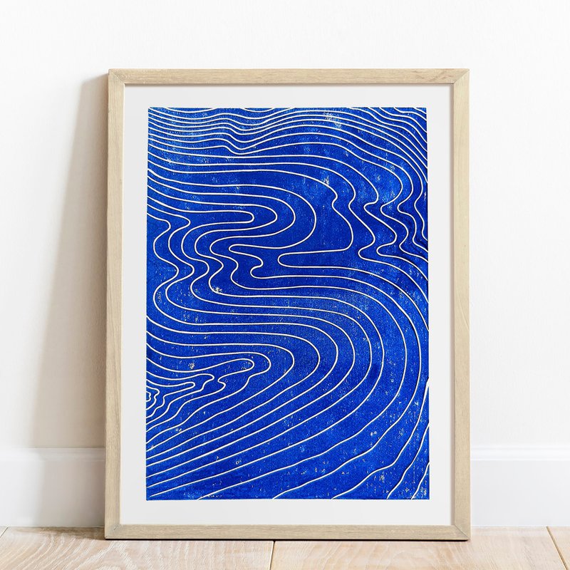 Japanese abstract blue water Linocut print Nautical wall hanging artwork decor - 壁貼/牆壁裝飾 - 紙 藍色