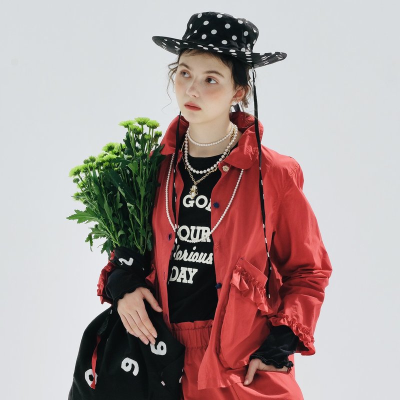 大紅色大口袋花邊襯衫 / 外套 長袖 - 女襯衫 - 棉．麻 紅色