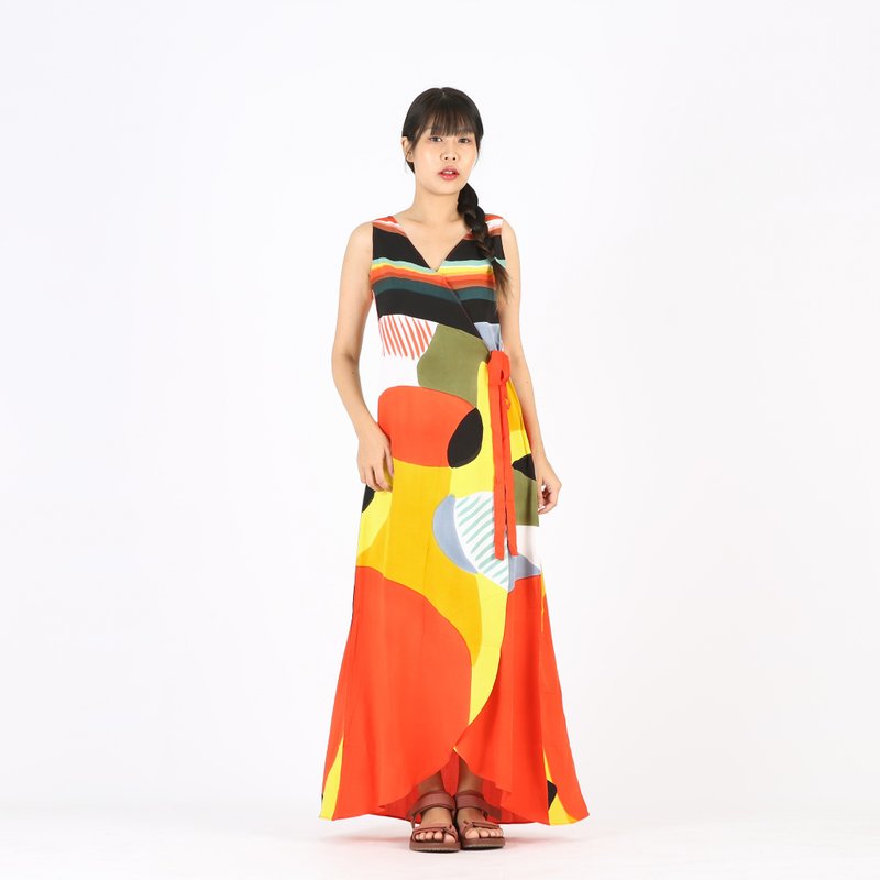 Long Dress Wrap Cotton Rayon Hand Paint - 洋裝/連身裙 - 棉．麻 黃色