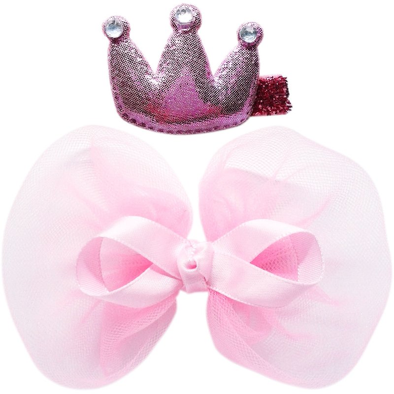 Crown and chiffon bow hairpins two sets of all-inclusive cloth handmade hair accessories Crown & Bow-Pinky - เครื่องประดับผม - เส้นใยสังเคราะห์ สึชมพู