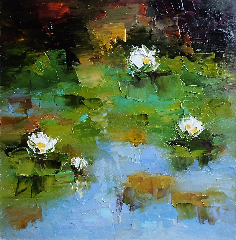 White Water Lilies Painting Original Oil Impasto Wall Art Flowers Impressionism - Posters - Other Materials Green
