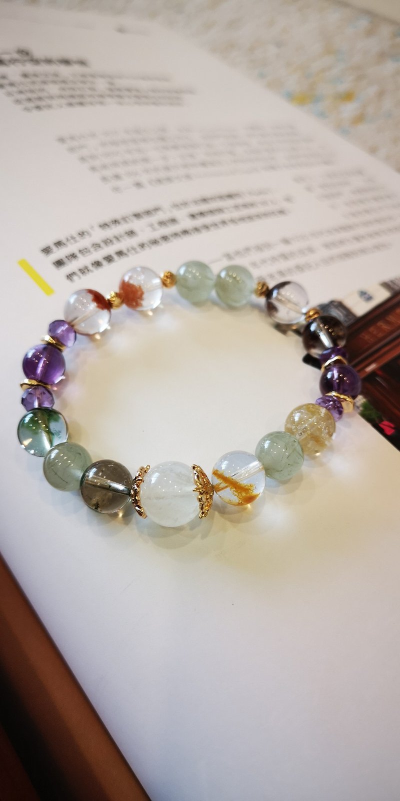 Drizzling MR-202-185~Blue halo moonstone. Four seasons ghost. Amethyst. Emerald green hair crystal - Bracelets - Semi-Precious Stones 