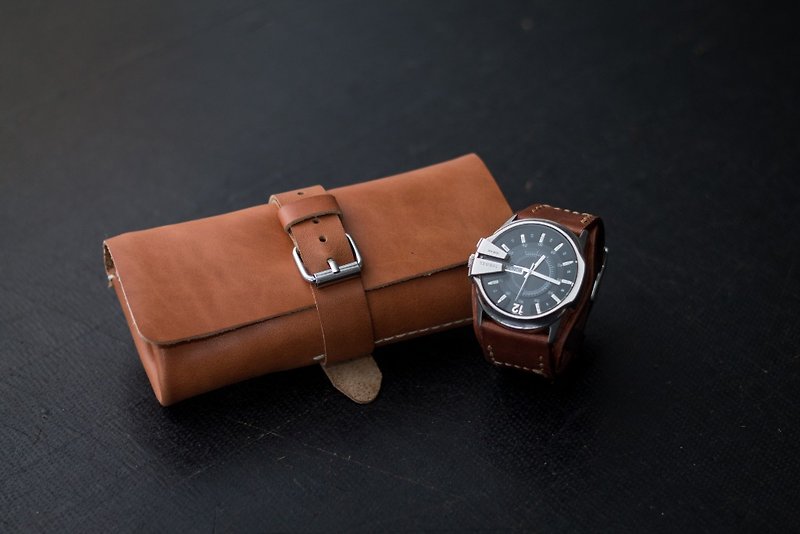 Leather Watch Roll for 2-5 watches, Leather watch pouch, watch case, watch box - 收納箱/收納用品 - 真皮 橘色
