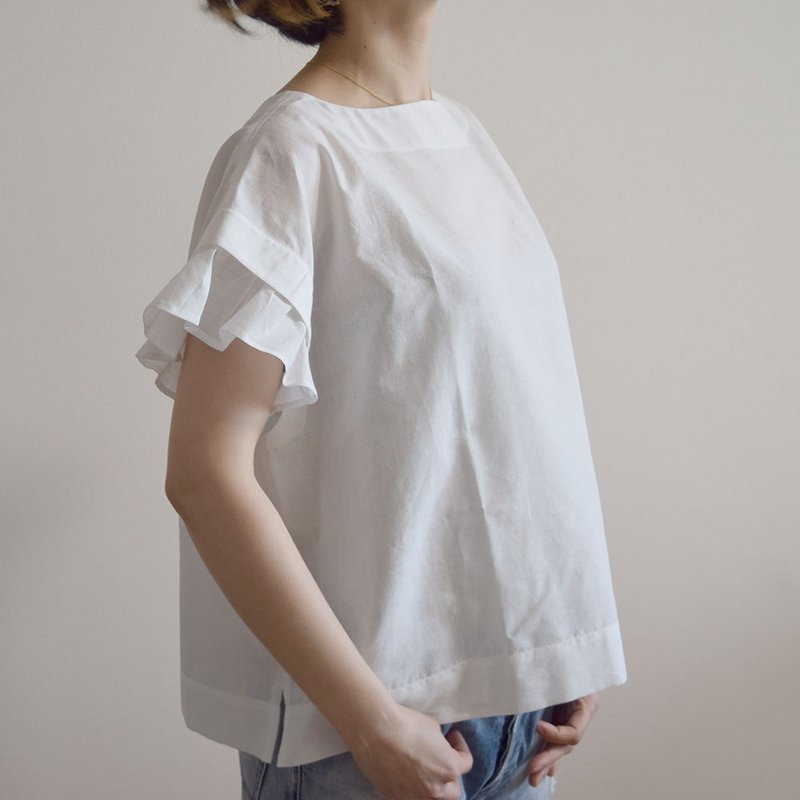 Cotton voile 2WAY sleeve frill blouse off-white plain made-to-order - Women's Tops - Cotton & Hemp White