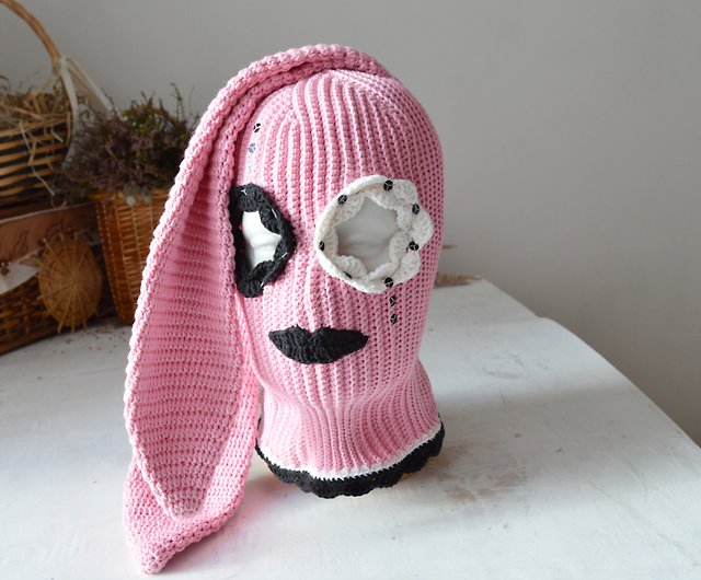 Bunny balaclava ski mask aesthetic pink women Custom cute beanie hat with  ears
