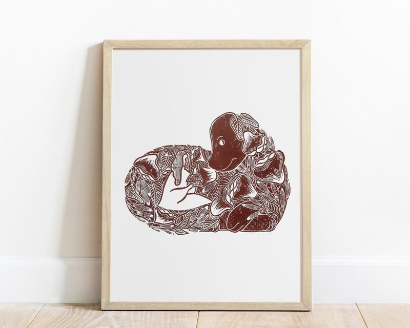 Botanical brown dog with female and flowers Linocut print wall Original artwork - 海報/掛畫 - 紙 咖啡色