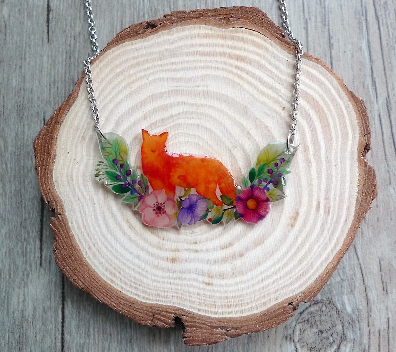 Misssheep- [fox into the flowers] watercolor hand painted style hand necklace - Necklaces - Plastic 