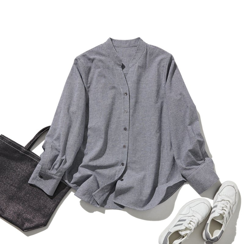 A Shirt You Can Wear Comfortably Year-Round: Small Houndstooth Cotton Linen Long-Sleeve Shirt 250812-2 - 女裝恤衫 - 棉．麻 藍色