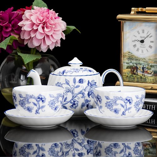 擎上閣裝飾藝術 英國製Minton明頓1997年青花骨瓷中式日式茶杯茶壺2人情侶套組