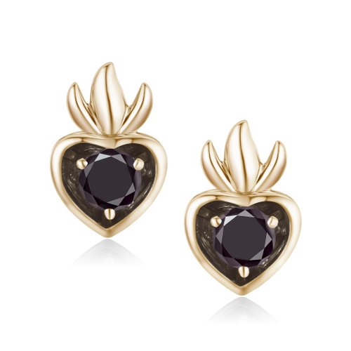 Majade Jewelry Design 黑鑽石心形耳環-簡約立體14k金耳釘-疊戴穿孔耳環-生日石-黑碧璽