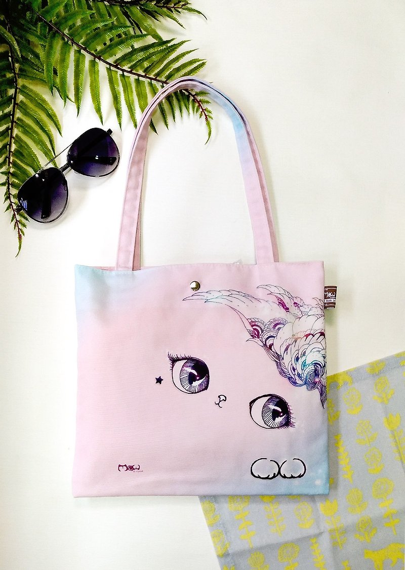 好輕便小提袋/購物袋/便當袋  微笑貓 - 側背包/斜孭袋 - 棉．麻 粉紅色