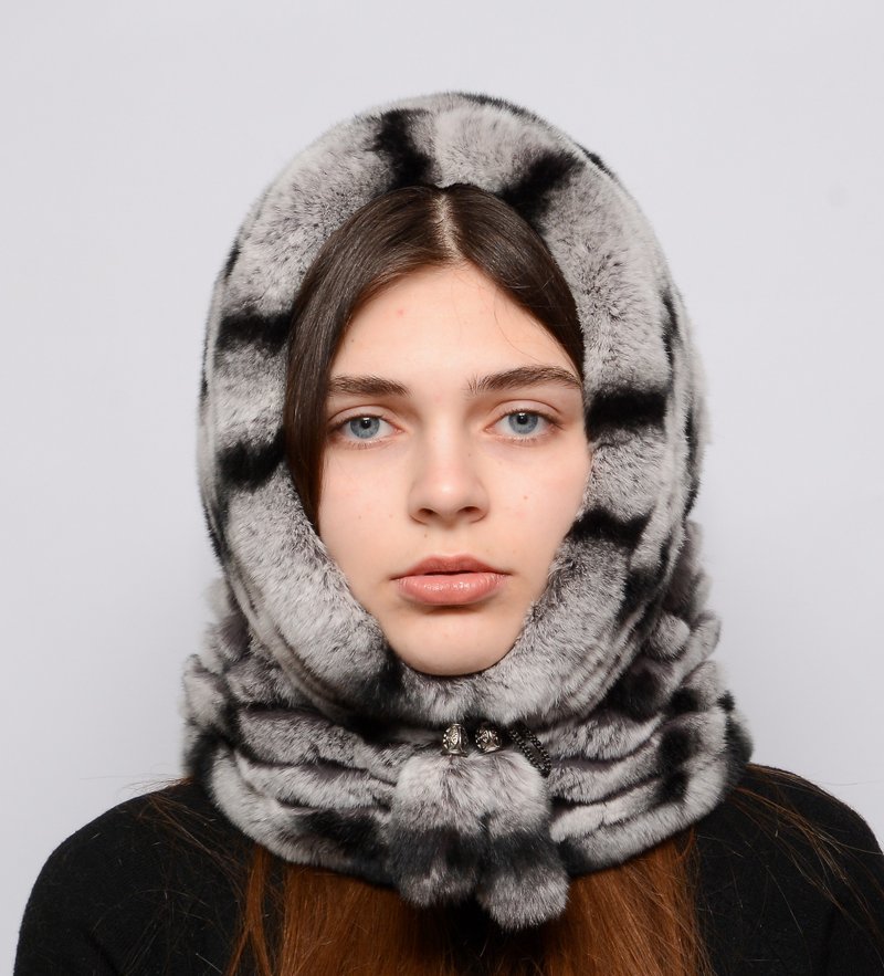 Womens Rabbit Fur Hood Hat Winter Real Fur Hood Luxury Fur Scarf Hat - 帽子 - 羊毛 透明